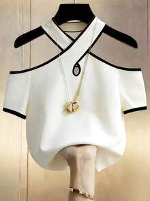 GlowEve Women's Contrast Trim Off Shoulder Fashion T-Shirt, Summer - Black and White - View 5