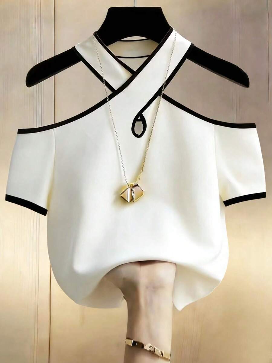 GlowEve 女士撞色滚边露肩时尚T恤，夏季 - 黑與白 - 查看 1