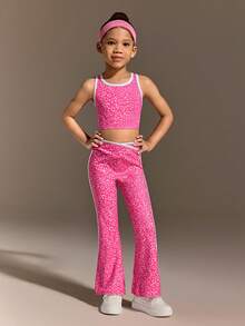 SHEIN 女童粉色豹纹背心和裤子套装，高弹面料 - 粉色 - 查看 12