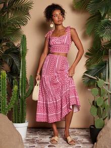 Travachic 复古撞色条纹休闲夏季度假风半身裙，女士度假休闲套装，适合夏季假期、春假、派对、海滩、春季、情人节、女士情人节、狂欢节服装，优雅、花卉、狂欢节、春夏交替、派对、波西米亚风、墨西哥风 - 紅白色 - 查看 4