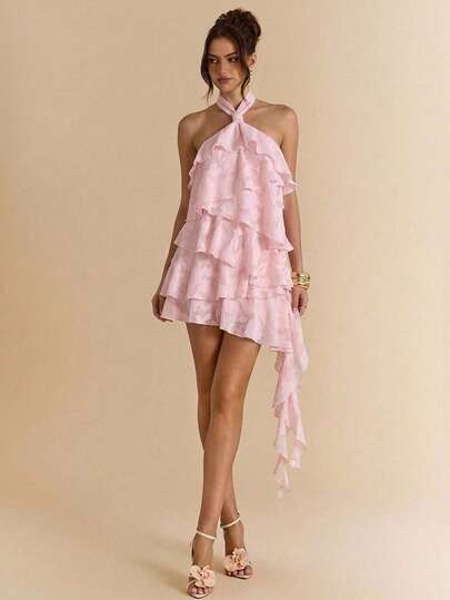 SHEIN BAE Spring/Summer Solid Color Pink Floral Jacquard Halter Irregular Ruffle Hem Elegant Sexy Dress, Suitable For Party, Vacation, Banquet, Wedding, Night Out, Romantic Date