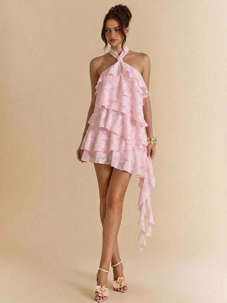 SHEIN BAE Vestido Elegante e Sexy de Cor Sólida Rosa com Estampa Floral Jacquard, Decote Halter e Bainha Irregular com Babados, Adequado para Festa, Férias, Banquete, Casamento, Noite Fora, Encontro Romântico - Rosa chiclete - Visão 1
