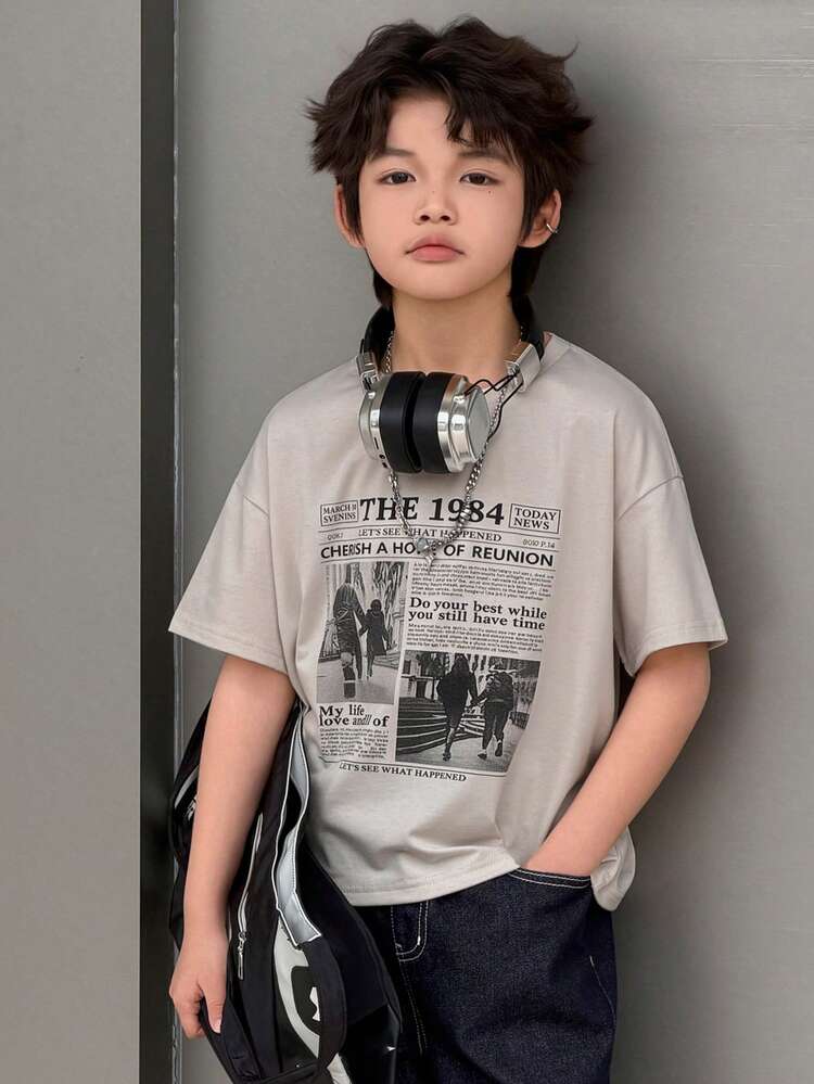 Loose Fit Graphic Print Short Sleeve T-Shirt For Tween Boys