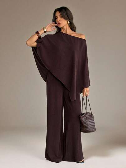 SHEIN Tall New Fall And Winter Women Clothes Casual Commuting Brown Loose One-Shoulder Irregular Top + High Waist Wide-Leg Trousers Women Two Pieces Set, ,Back To School,Country Concert Outfit,Homecoming,Halloween,Christmas,Brunch Outfits For Women,Going Out Outfits , Church Outfits Women,Travel, Shopping-A Modest Two Piece Set Casual Two Piece Set Brown Two Piece Set Women Brown Two Piece Outfit Comfortable Two Piece Set One Sleeve Dress Batwing Sleeve Dress Chocolate Brown Dress Brown Elegant Dress Women