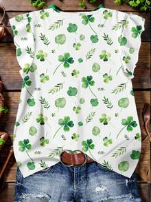 Mellowie Áo kiểu nữ cỡ lớn, phong cách tối giản, in hình cỏ ba lá ngày lễ Thánh Patrick, cổ chữ V, tay ngắn, viền bèo nhún, thích hợp cho mùa thu, mùa hè và kỳ nghỉ. - màu xanh lá - Xem 2