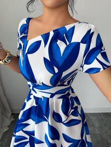 Elenzga Đầm midi nữ tay ngắn cổ lệch in hoa - Nhiều màu - Xem 3