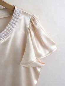Franclia Áo kiểu satin cổ tròn thanh lịch, đính ngọc trai, viền bèo nhún, màu kaki, thích hợp cho mùa xuân/hè. - Màu be - Xem 5