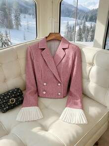 GlowEve Women's Elegant Ruffle Cuff Double-Breasted Short Blazer Jacket - Pink - View 1