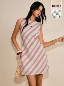 Poéselle Women's Cotton Backless Pink Stripe Mini Sundress,Summer 90s Themed Everyday Vacation Outfit,Pastel Sage Diagonal Stripes Tie-Back Coastal Cowgirl - Pink - View 2