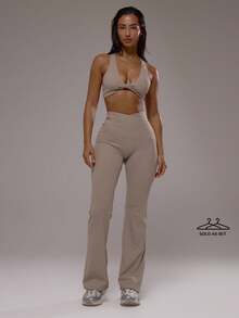 Musera Sport Bộ đồ thể thao năng động gồm áo bra thể thao vặn trước và quần legging ống loe cạp thấp, thích hợp tập luyện tại phòng gym, pilates, thể dục, mặc hàng ngày, màu thạch anh khói, thích hợp cho mùa hè. - màu nâu - Xem 1