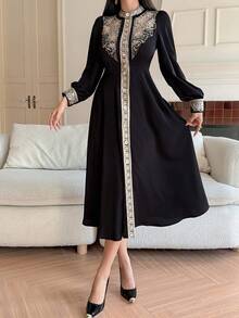 DAZY Long Sleeve Round Neck Gold Thread Embroidered Cinched Waist Single-Breasted Slim Fit Dress - Black - View 3