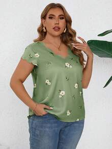 Reflora Camisa de verano de talla grande con ribete de concha y estampado tejido - verde menta - Ver 6