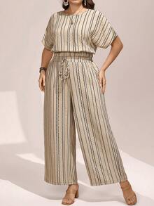 Comfylo 2pcs/Set Plus Size Striped Outfit,Round Neck Batwing Blouse & Wide Leg Pants,Beige Summer Smart Casual Vacation Drawstring Waist Co Ord Sets For Women - Multicolor - View 5