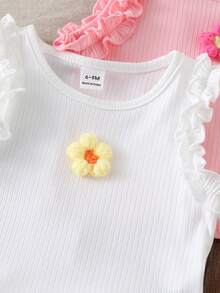 SHEIN 3件套女婴休闲上衣，包括粉色、白色和蓝色纯色罗纹无袖背心，饰有花朵图案，舒适透气，适合6个月至3岁婴幼儿夏季室内外穿着。 - 彩色 - 查看 7