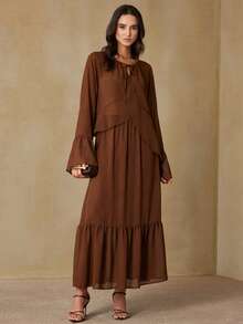 Aveloria Rosie Fashionable Versatile Layered Ruffle Chiffon Sheer Blouse & Long Skirt 2 Pieces Set, European Style - Coffee Brown - View 6