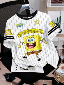 SpongeBob SquarePants | SHEIN Women Cartoon Print Striped Round Neck Short Sleeve T-Shirt - White - View 1