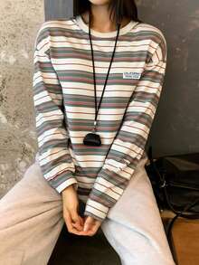 DAZY 女士条纹圆领落肩长袖休闲宽松T恤 - 綠色 - 查看 2