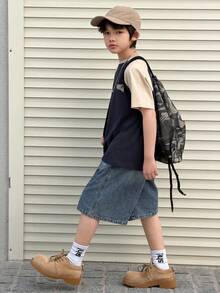 DAZY 青少年男孩字母印花撞色插肩短袖休闲T恤 - 藏蓝色 - 查看 4