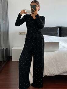DAZY 2pcs Polka Dot Print Fitted Long Sleeve Top And Straight Leg Pants Pajama Set For Women, Spring - Black - View 5
