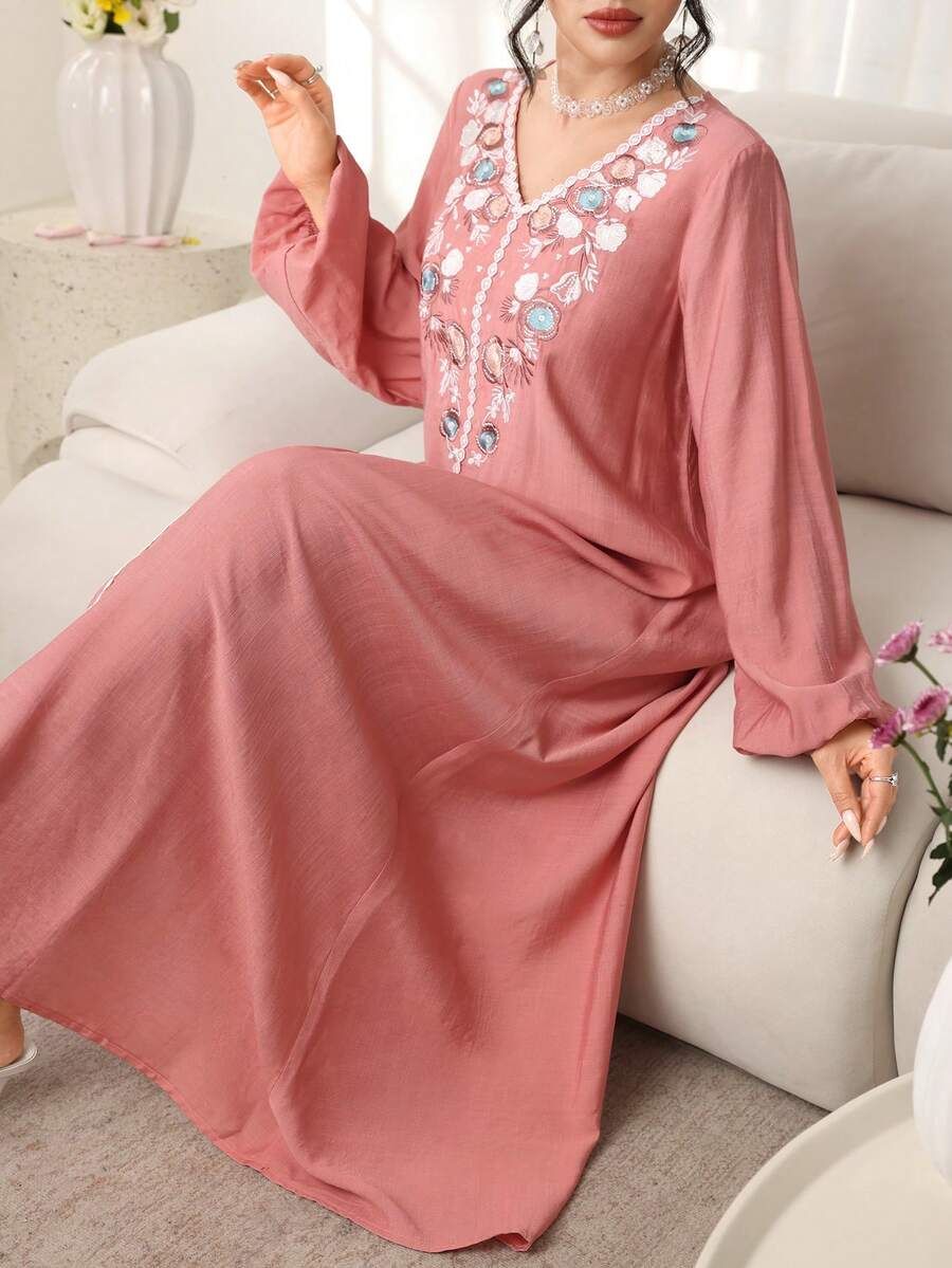 Yasmyna 花卉刺绣灯笼袖长袍 - 粉色 - 查看 1