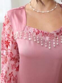 Al Najma Elegant Contrast Lace Flare Sleeve Dress, Spring/Summer - Pink - View 3