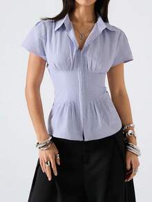 LYSMO 2026 New Arrive Minimalism Spring/Summer Women's Plaid Shoulder Petal Sleeve Ruched Waist Elegant Blouse Women Office Tops Short Sleeve Blouses Business Casual Tops Woman Work Blouse - Yellow - View 3