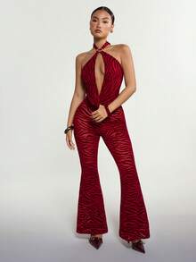 SHEIN ICON Women's Zebra Print Halter Neck Metal Linked Fashionable Date Outing Jumpsuit - Red - View 3