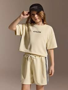 SHEIN Tween Girls Clothes Casual Set,Beige Autumn Loose Oversized T-Shirt &, Cute, School, Back To School - White - View 4