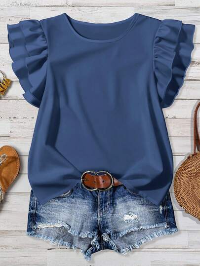 EMERY ROSE Blusa casual de mujer de unicolor con cuello redondo, manga con volantes y versátil para uso diario