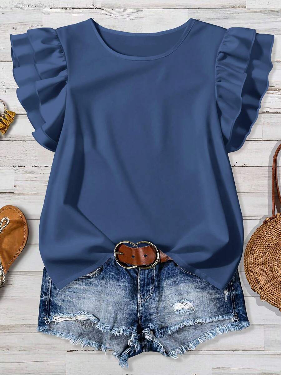 Mellowie Women's Solid Color Round Neck Casual Versatile Daily Ruffle Sleeve Blouse