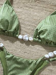 Swim Chiccia Women's Jacquard Fabric Beaded Halter Bikini Set, Spring/Summer - Army Green - View 6