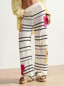 Bohemela 女士条纹休闲针织宽松直筒裤毛衣 - 黑色 - 查看 3