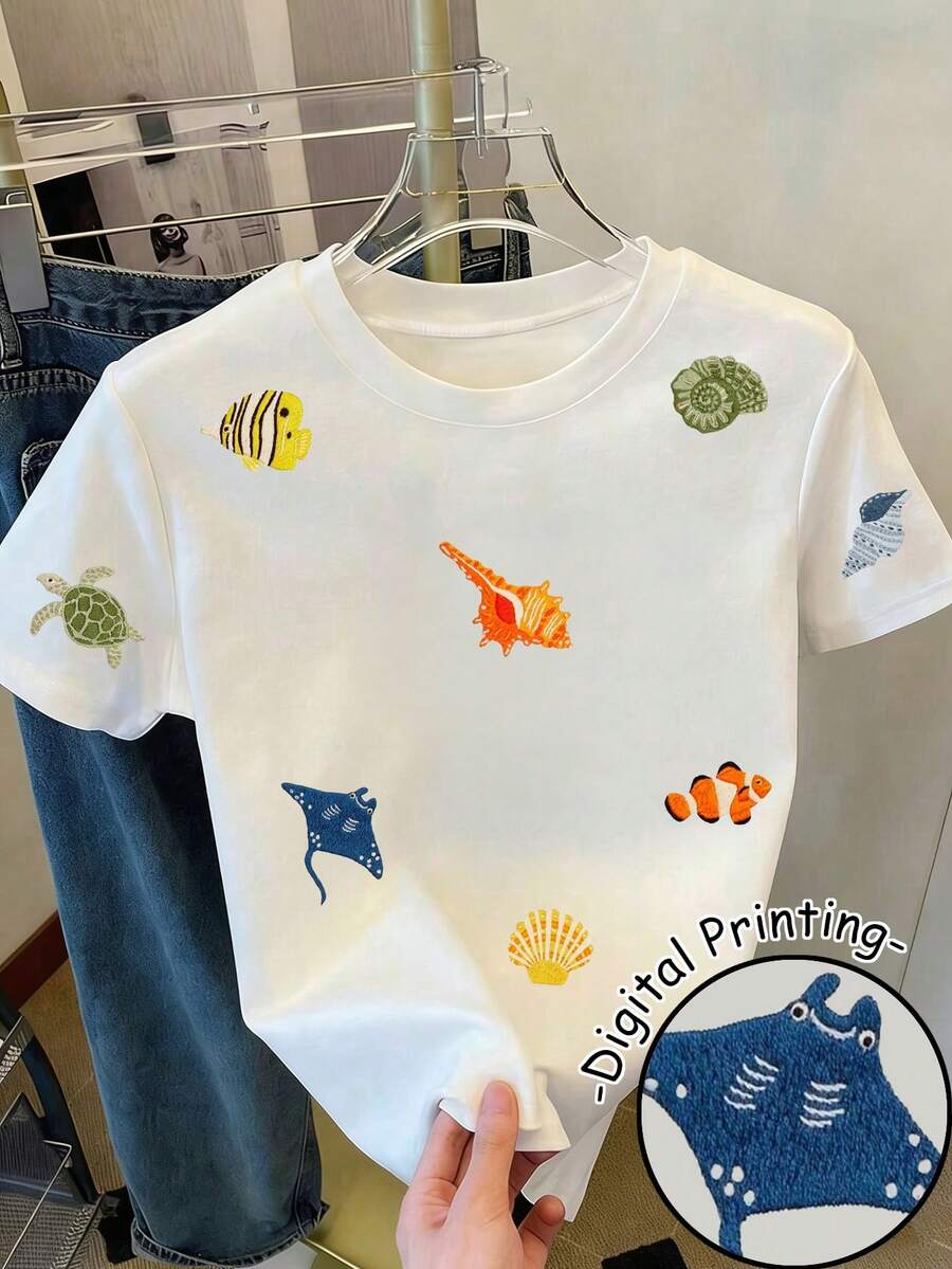 Resyla 女士休闲海洋生物印花短袖T恤，夏季 - 彩色 - 查看 1