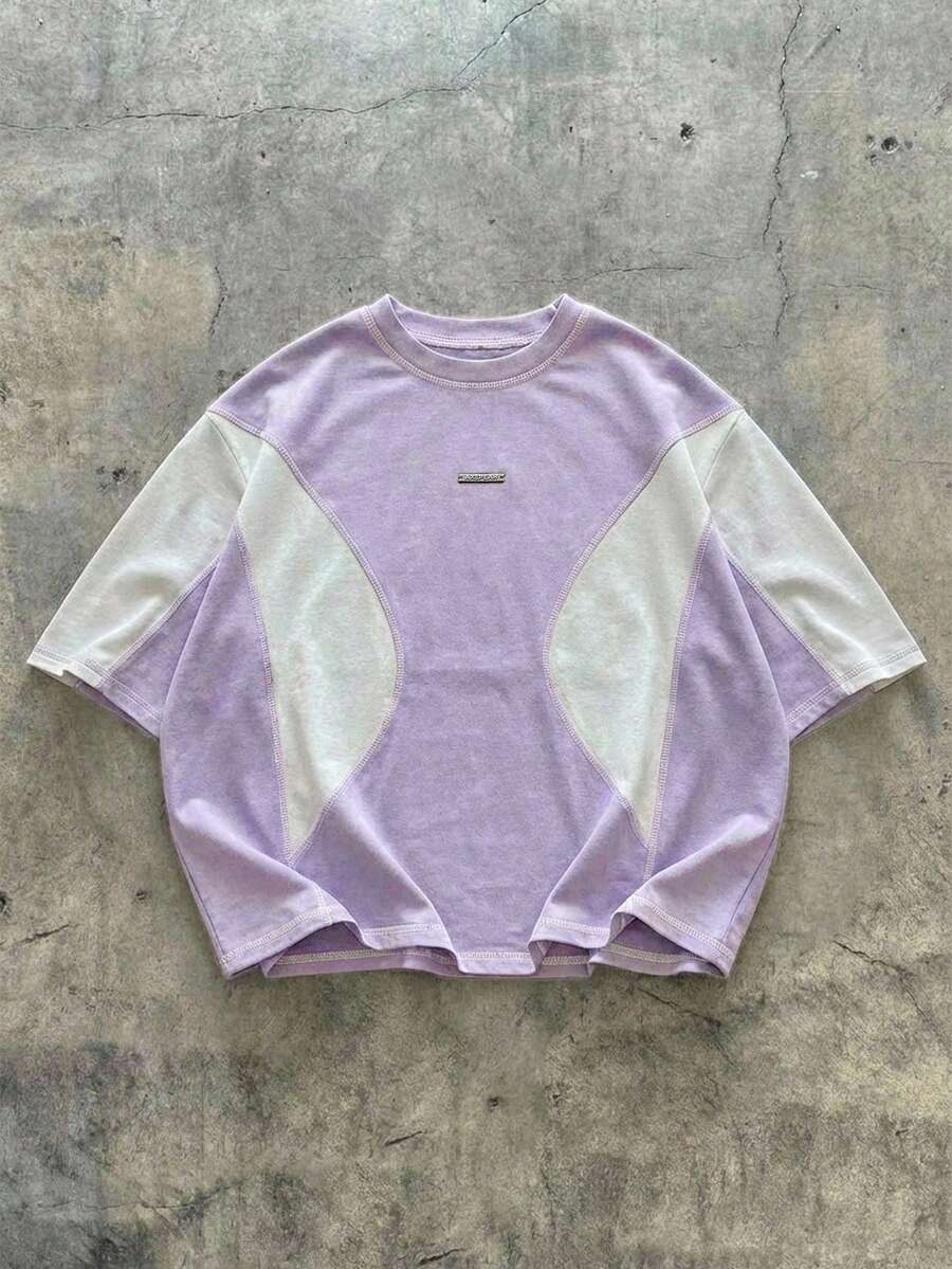 AXEPEAK Contrast Color Round Neck Loose Fit Men's T-Shirt - Mauve Purple - View 1