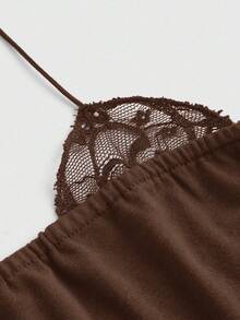 ROMWE Fairycore Women's Basic 2 In 1 Lace Trim Halter Neck Pleated Camisole - Brown - View 3