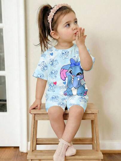SHEIN 2pcs Baby Girl Casual Cute Cartoon Rabbit Stitch Print, Tie-Dye Blue Round Neck Short Sleeve T-Shirt And Tight Cycling Shorts Set, Suitable For Spring/Summer Daily Wear, Street Style, Home, Vacation