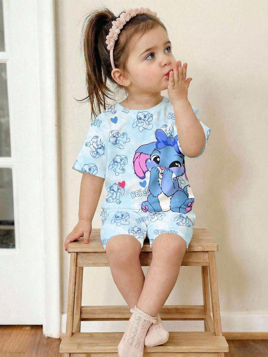 SHEIN Bộ đồ 2 món cho bé gái, kiểu dáng thường ngày, in hình thỏ Stitch hoạt hình dễ thương, áo thun cổ tròn tay ngắn màu xanh nhuộm tie-dye và quần short bó sát, thích hợp mặc hàng ngày vào mùa xuân/hè, phong cách đường phố, ở nhà hoặc đi nghỉ mát. - Nhiều màu - Xem 1