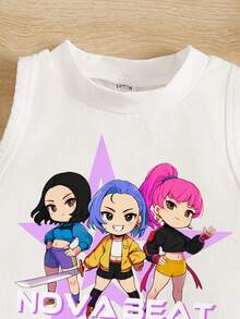 SHEIN Fashionable Cartoon Girl, Star, K-Pop Superstars , Young Girl Casual Minimalist Cartoon Pattern Round Neck Vest, Suitable For Summer Daily Wear & Street Style - Multicolor - View 3