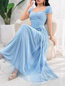 Feyla Nuevo vestido de cóctel elegante de línea A con cintura fruncida, volantes y flores 3D románticas - Celeste - Ver 1