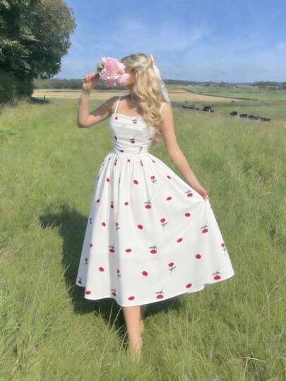 SHEIN MOD Red Rose Ruffle Decor Midi Dress With Tie Bow – Dreamy Romantic, Garden Tea Party, Date, Party, Women's Summer And Spring Dress, Beachwear, Spring Break, Vacation, Picnic, Festival, Birthday Outfit.White Red Floral Midi Dress Tie Shoulder Straps Romantic A Line Delicate Artistic Lightweight Elegant Soft Touch Ruched Bodice Flowy Vintage Inspired Summer Feminine Garden Style Sweet Silky Look Graceful Classic,Summer Holiday Outfits, Vacation Outfits , Carnival Costume , Valentines Day Outfit  , Valentine Outfits For Women , Summer Outfits , Spring Break Outfits