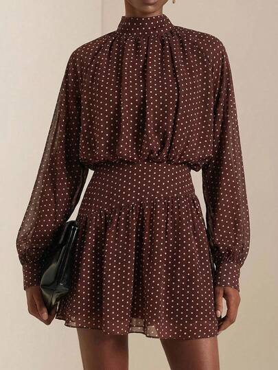 Zivah 2026春夏新款音乐节、复活节、圣帕特里克节、情人节、约会、西部风、游牧风、生日派对、毕业典礼、大学、学生、日常穿着、百搭基础款、休闲、度假、邮轮旅行、海滩、日光浴、热门款、街头风、婚礼宾客波西米亚风、通勤、早午餐、机场、派对、假日郊游、办公室穿着棕色迷你连衣裙，立领，荷叶边，褶皱，网纱波点A字长袖