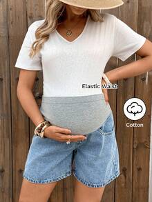 Pregnant Women's Patchwork Pocket Casual Versatile Daily Wear Denim Shorts Spring To Summer Carnival Costume Commuting Vacation Graduation Chic Y2k Cute Streetwear Party Wedding Elegant Business Casual Woman Comfortable Maternity Blue Denim Shorts With Stretchy Belly Band For Summer - Blue - View 7