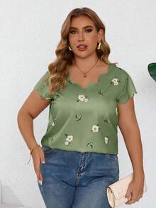 Reflora Camisa de verano de talla grande con ribete de concha y estampado tejido - verde menta - Ver 3