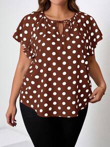SHEIN Clasi 大码女式波点印花系领短袖衬衫 - 棕色 - 查看 6