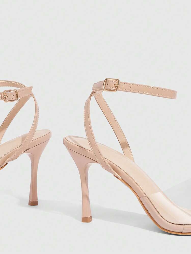 CUCCOO SZL Women Shoes Round Toe Thin High Heel Apricot Transparent Film Ankle Strap Women's High Heel Sandals Simple Fashion Sexy Party High Heel Sandals Sandals Prom Heels