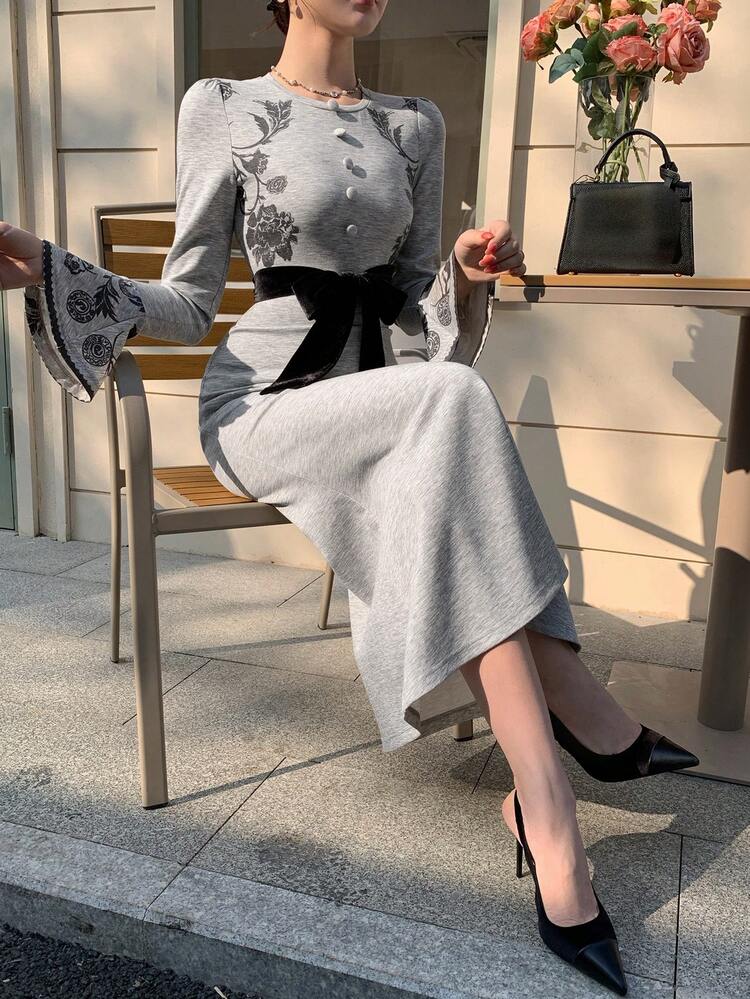 Spring & Summer Black Bow Tie Waist Belt Flare Sleeve Floral Print Color Block T-Shirt Dress, Elegant For Valentine's Day, Wedding, Party, Formal Occasion Maxi Dress Sundress