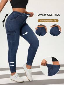 Flexra Jeans casuales y versátiles de cintura alta con bolsillos cargo para mujer - Azul lavado medio - Ver 1