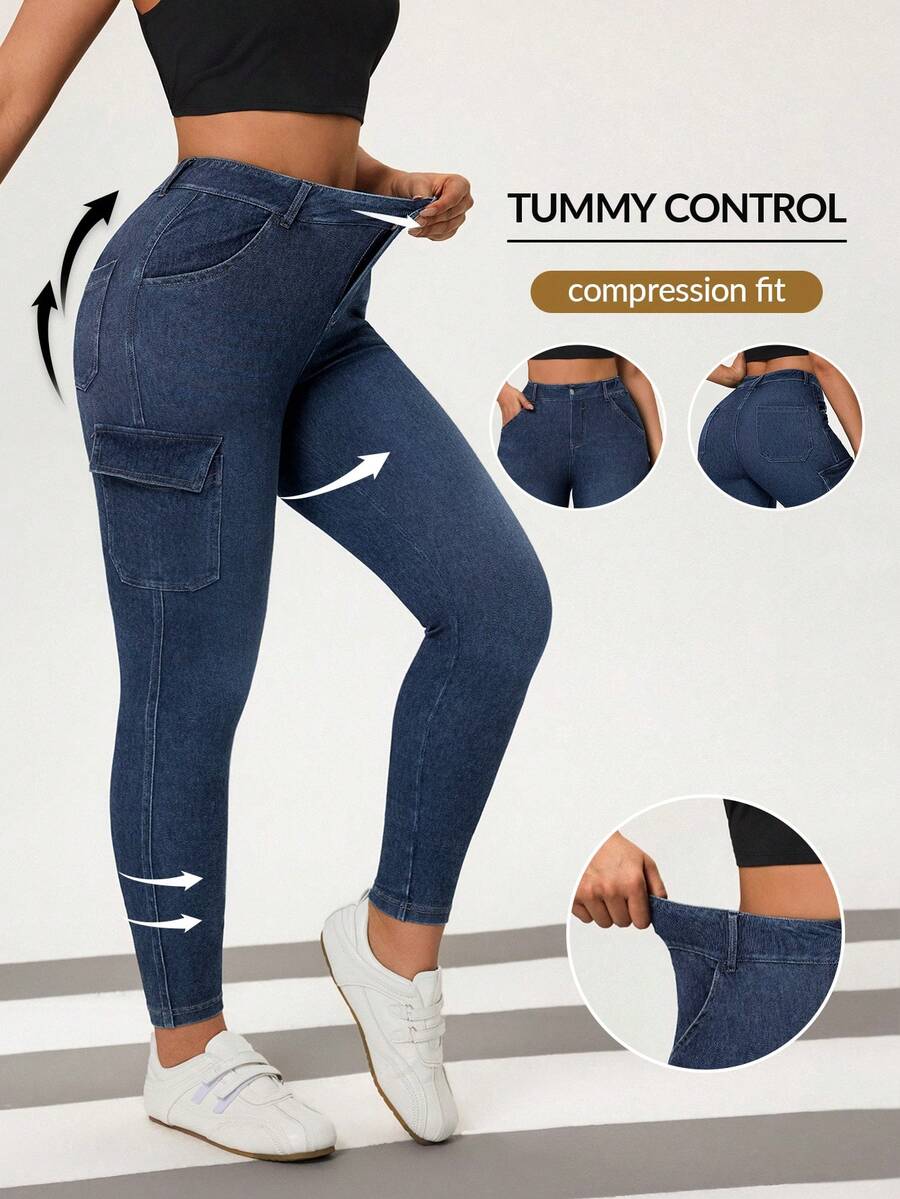 Flexra Jeans casuales y versátiles de cintura alta con bolsillos cargo para mujer - Azul lavado medio - Ver 1