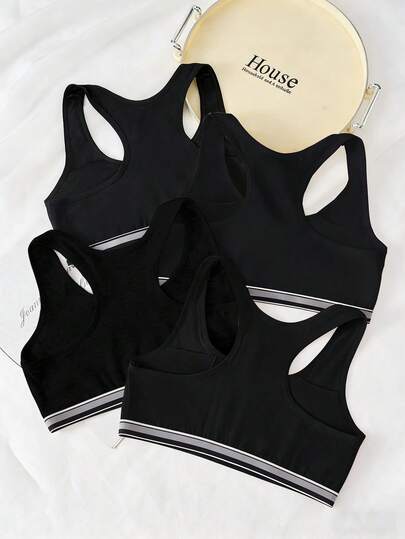 4pcs/Set Teen Girls' Simple Baggy Solid Black, Pink, White Camisole Tops For Puberty Stage Sports Bra Cotton Sports Bra Yoga Bra Summer Fall