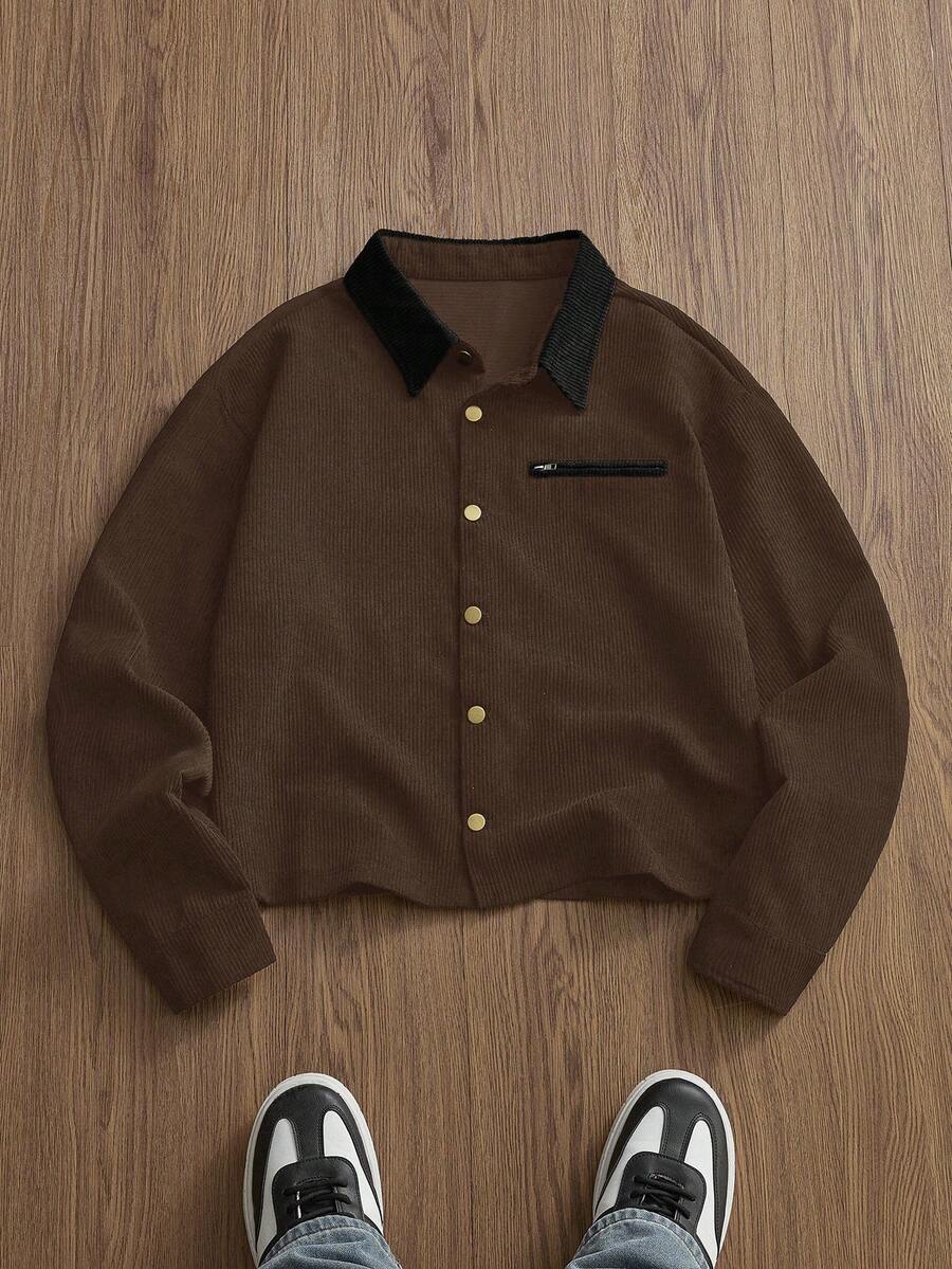 SWAVVY 男士休闲通勤灯芯绒撞色落肩宽松夹克，秋季款 - 棕色 - 查看 1